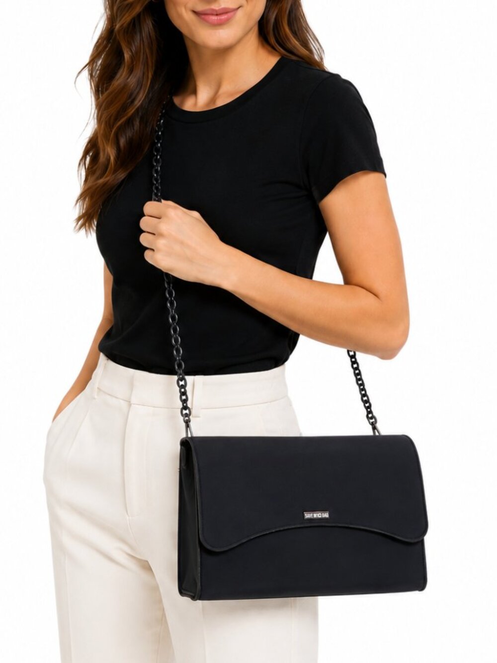 SAVE MY BAG Bella Maxi Crossbody Bag Purse Black Neoprene Flap Close Chain Strap